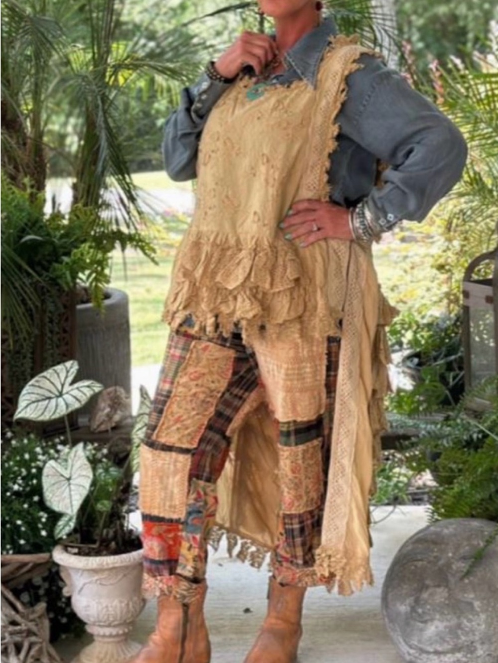 Boho Lace-Trim Tunic in Tan - Women's Layered Sleeveless Top